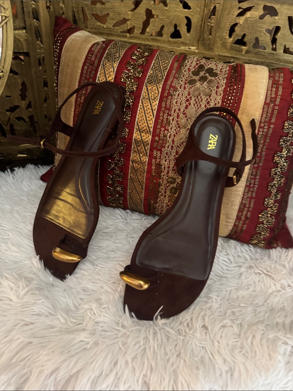 ZARA Brown Suede Sandal with Gold Toe Accent